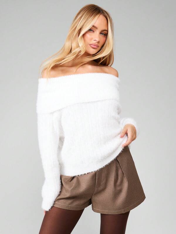 MISSGUIDED Off Shoulder Fuzzy Long Sleeve Sweater