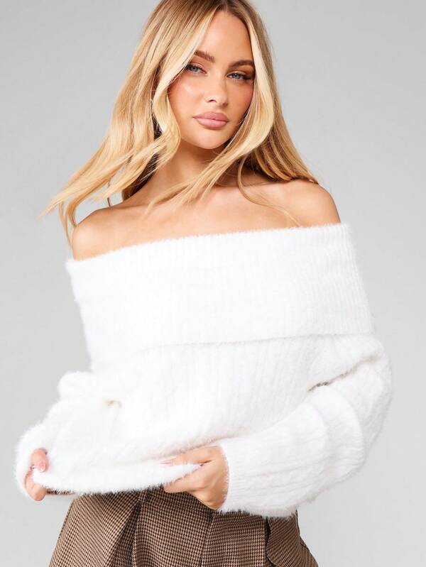 MISSGUIDED Off Shoulder Fuzzy Long Sleeve Sweater