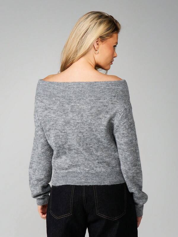 MISSGUIDED Off Shoulder Heathered Knit Cardigan With Ribbed Cuffs