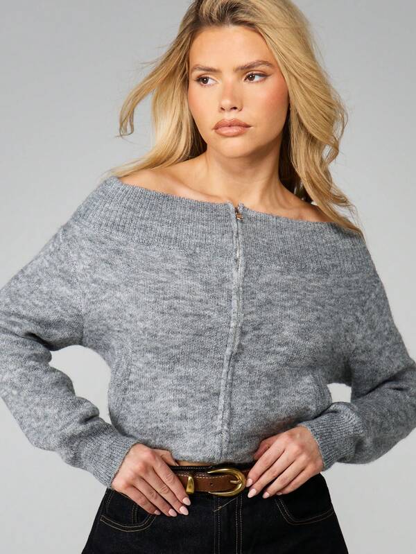 MISSGUIDED Off Shoulder Heathered Knit Cardigan With Ribbed Cuffs