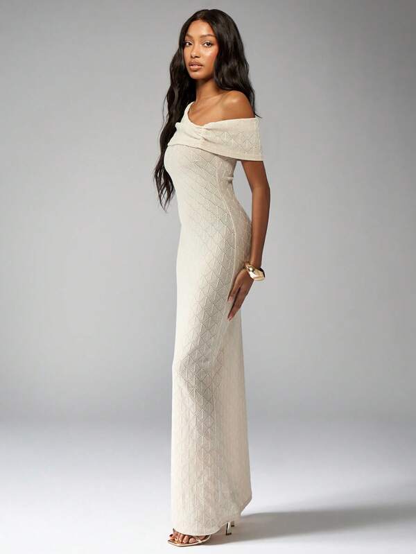 MISSGUIDED Off-Shoulder Knit Form-Fitting Full Length Maxi Dress