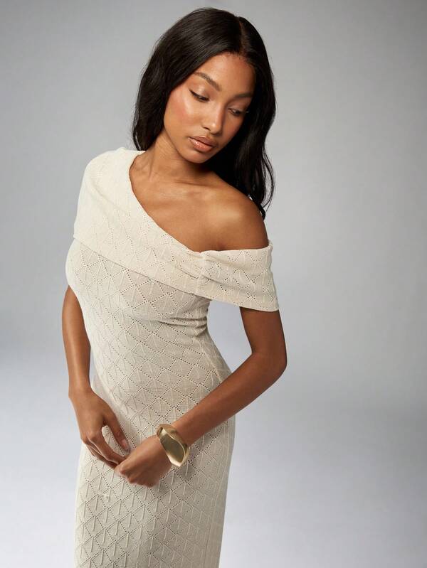 MISSGUIDED Off-Shoulder Knit Form-Fitting Full Length Maxi Dress