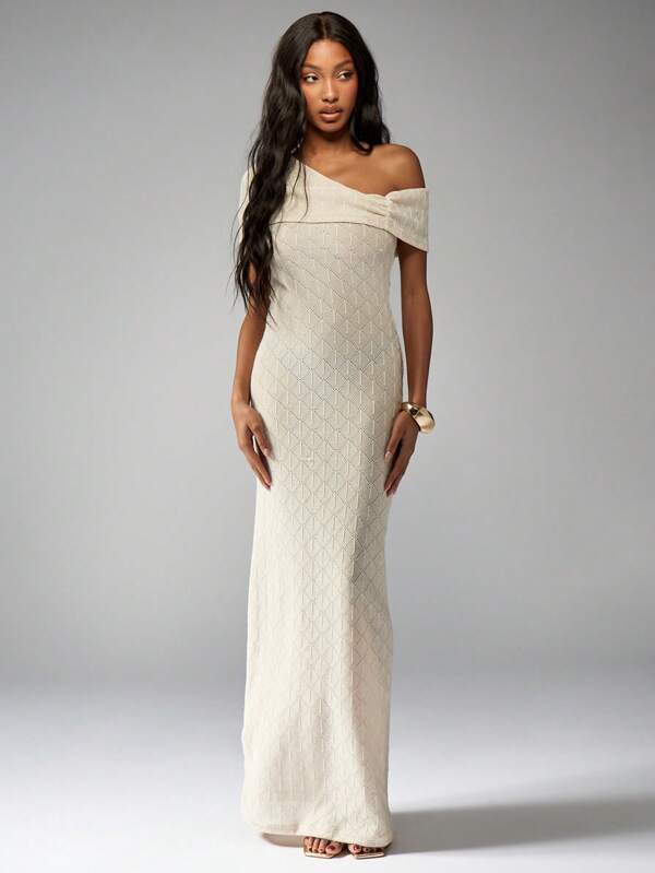 MISSGUIDED Off-Shoulder Knit Form-Fitting Full Length Maxi Dress