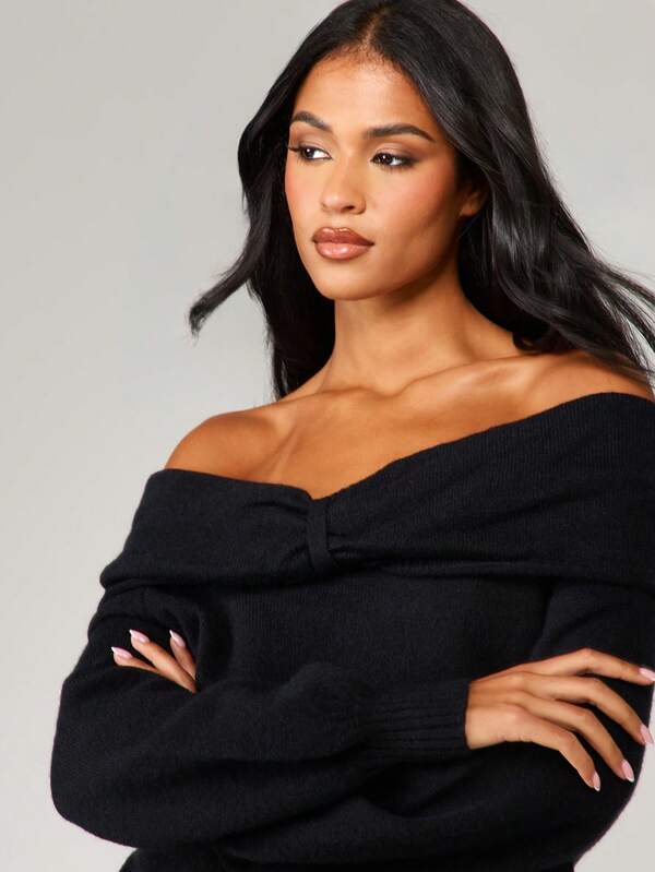 MISSGUIDED Off Shoulder Knit Sweater With Ruched Detail