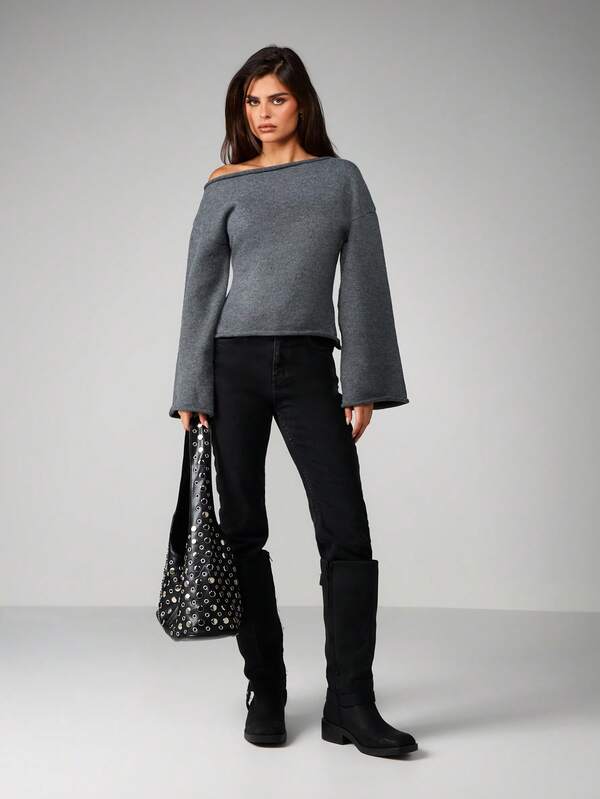 MISSGUIDED Off Shoulder Knit Top With Bell Sleeves