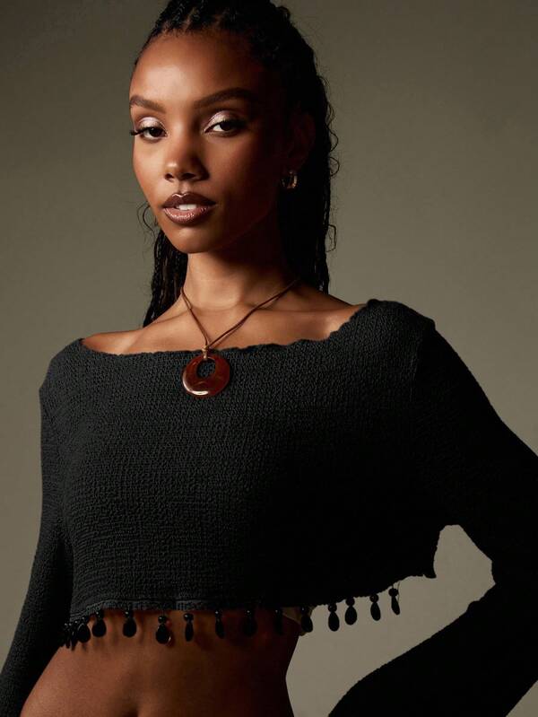 MISSGUIDED Off Shoulder Knitted Crop Top With Fringe Trim