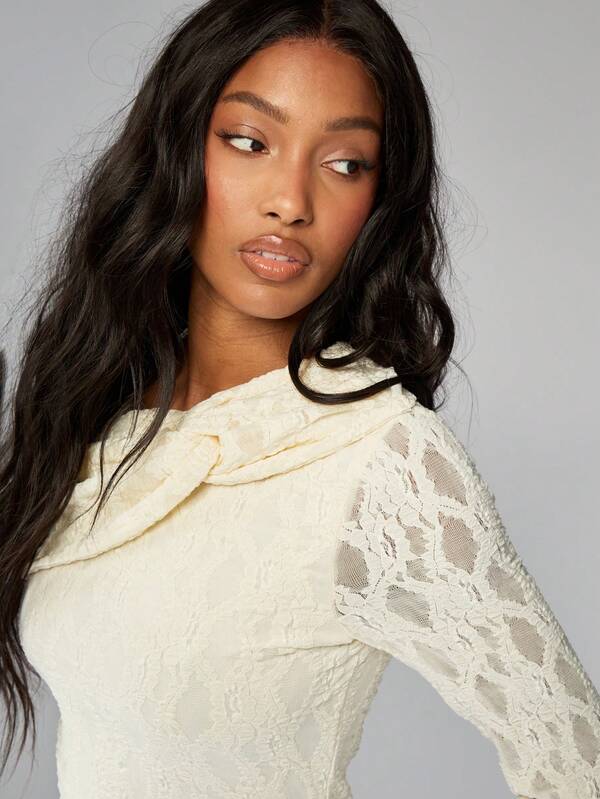 MISSGUIDED Off Shoulder Lace Long Sleeve Bodycon Mini Dress