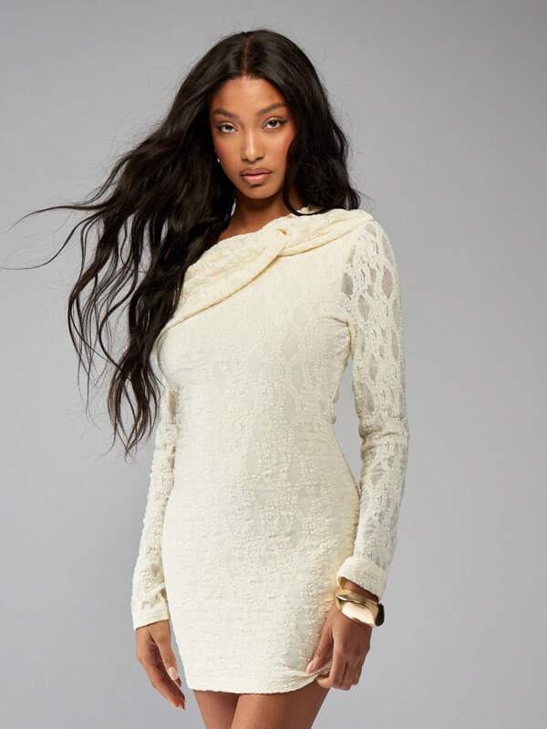 MISSGUIDED Off Shoulder Lace Long Sleeve Bodycon Mini Dress
