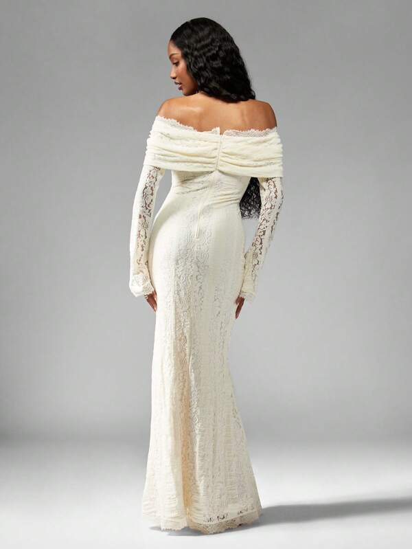 MISSGUIDED Off Shoulder Lace Mermaid Bell Sleeve Maxi Dress