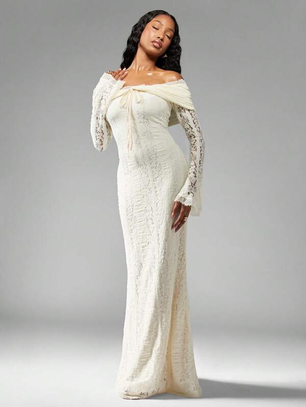 MISSGUIDED Off Shoulder Lace Mermaid Bell Sleeve Maxi Dress