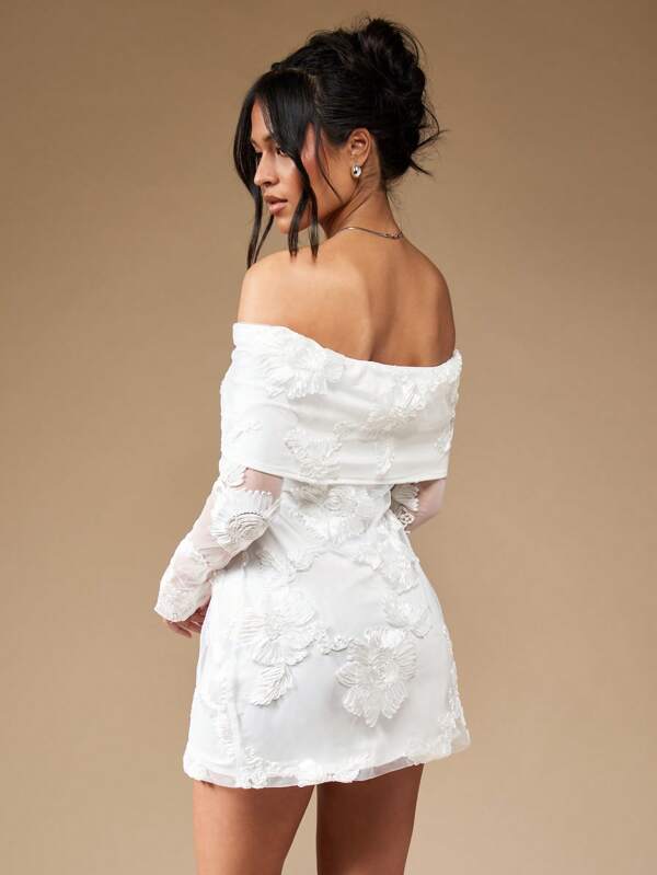 MISSGUIDED Off Shoulder Long Sleeve Embroidered Embellished Mini Dress