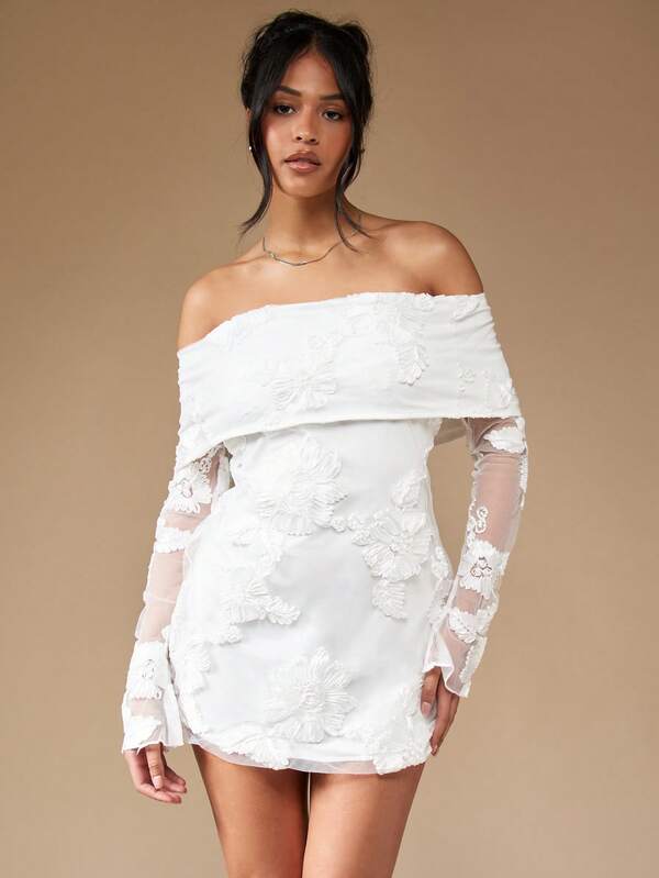 MISSGUIDED Off Shoulder Long Sleeve Embroidered Embellished Mini Dress
