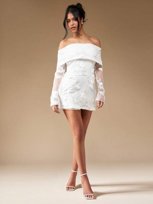 MISSGUIDED Off Shoulder Long Sleeve Embroidered Embellished Mini Dress