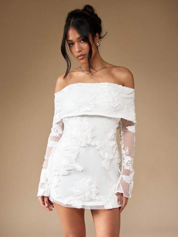 MISSGUIDED Off Shoulder Long Sleeve Embroidered Embellished Mini Dress
