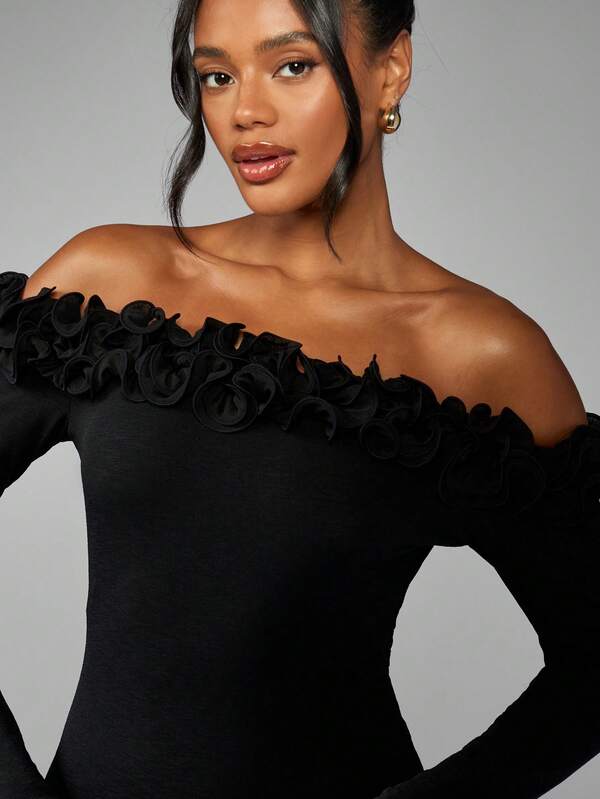 MISSGUIDED Off Shoulder Mermaid Dress With Ruffle Trim And Long Sleeves