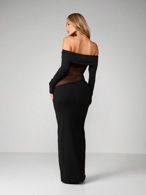 MISSGUIDED Off Shoulder Mesh Insert Bodycon Maxi Dress