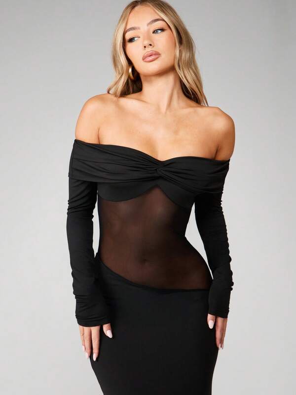 MISSGUIDED Off Shoulder Mesh Insert Bodycon Maxi Dress