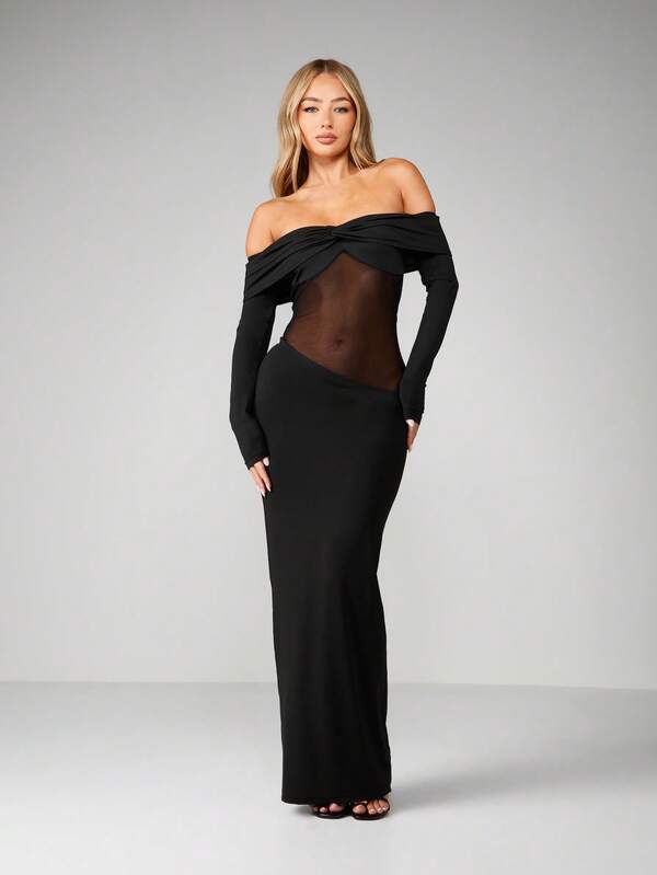 MISSGUIDED Off Shoulder Mesh Insert Bodycon Maxi Dress
