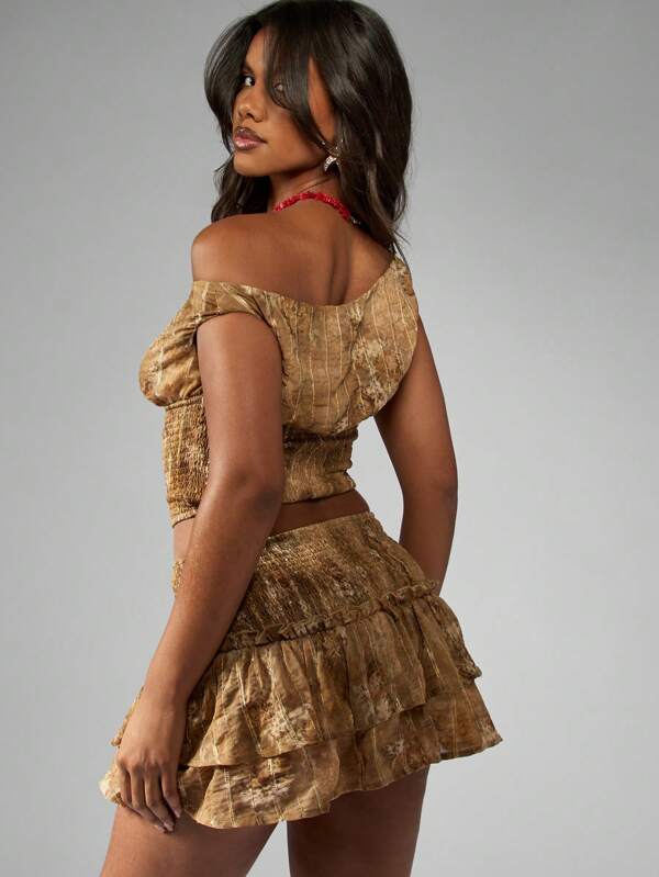 MISSGUIDED Off-Shoulder Metallic Gold Shimmer Ruffle Mini Skirt Two Piece Set