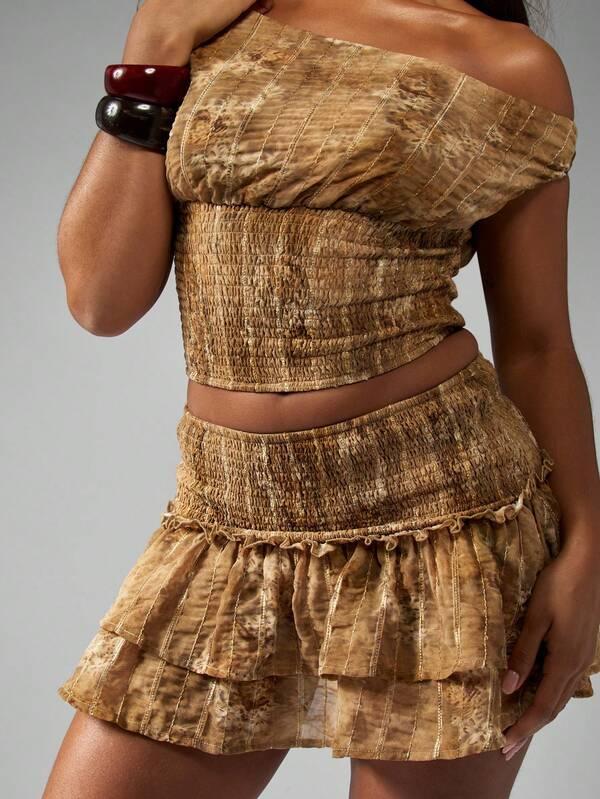 MISSGUIDED Off-Shoulder Metallic Gold Shimmer Ruffle Mini Skirt Two Piece Set