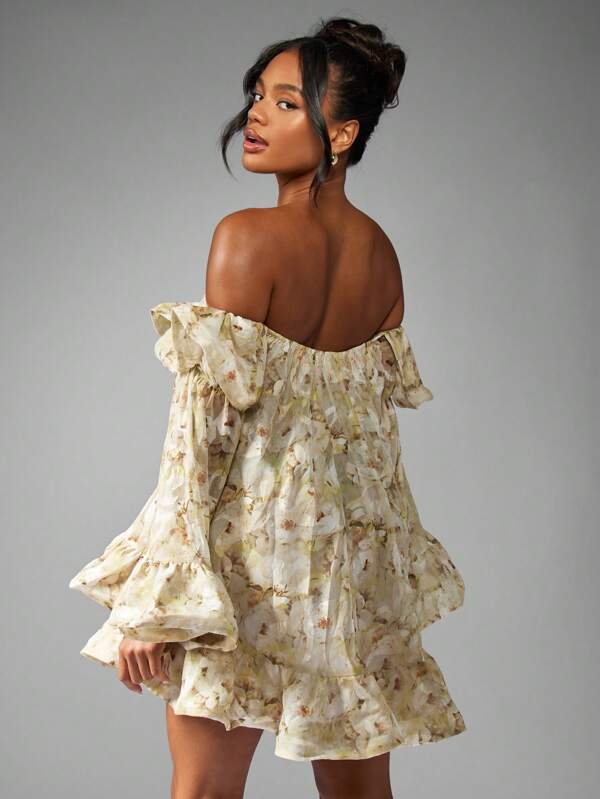 MISSGUIDED Off Shoulder Mini Dress With Floral Print Ruffle And Bell Sleeves