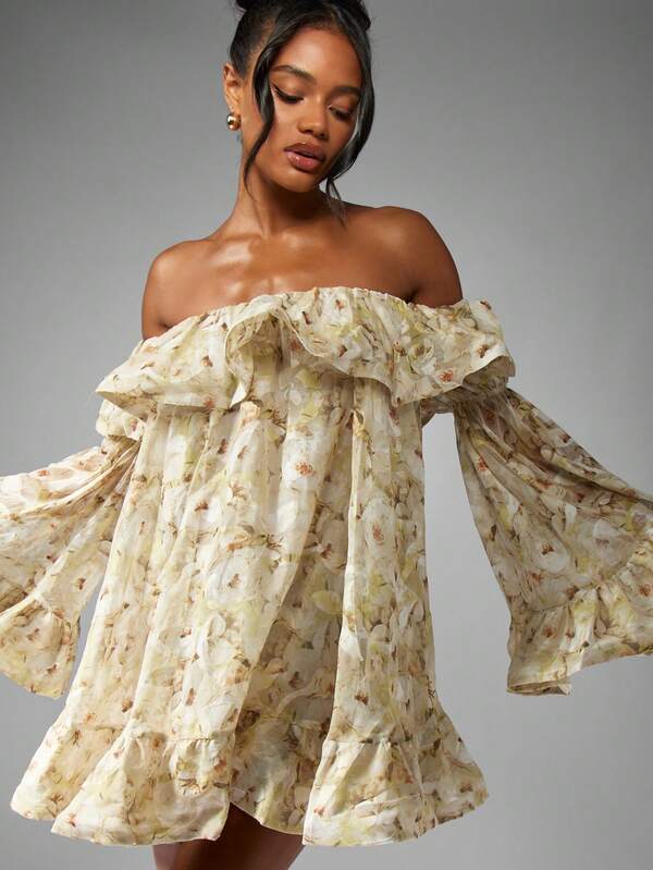 MISSGUIDED Off Shoulder Mini Dress With Floral Print Ruffle And Bell Sleeves