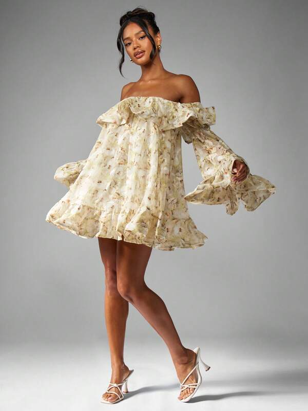 MISSGUIDED Off Shoulder Mini Dress With Floral Print Ruffle And Bell Sleeves