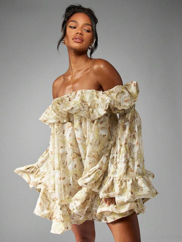 MISSGUIDED Off Shoulder Mini Dress With Floral Print Ruffle And Bell Sleeves