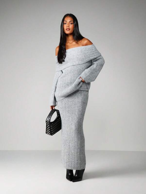 MISSGUIDED Off Shoulder Oversized Ribbed Knit Sweater
