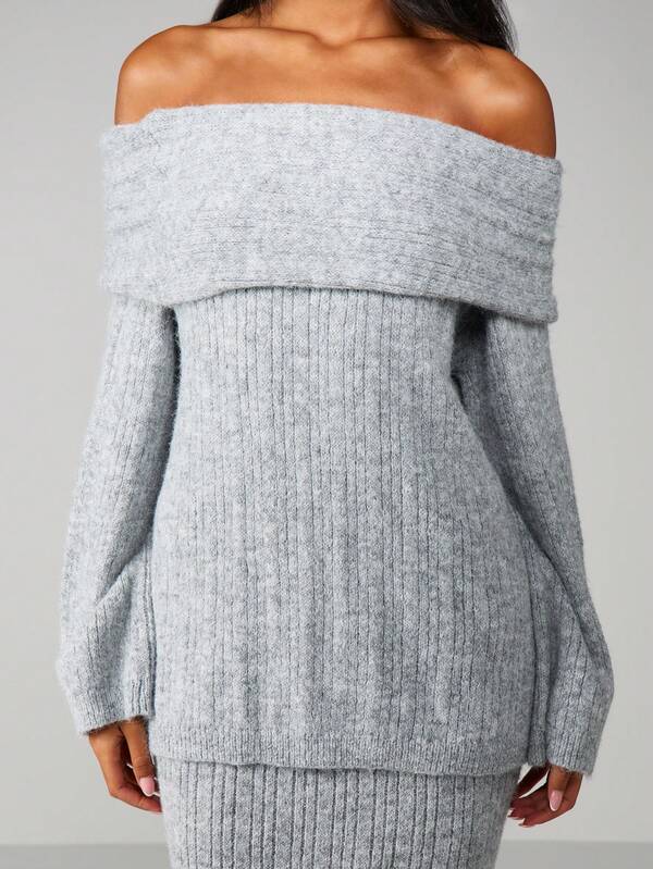 MISSGUIDED Off Shoulder Oversized Ribbed Knit Sweater