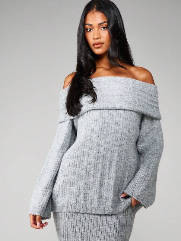 MISSGUIDED Off Shoulder Oversized Ribbed Knit Sweater