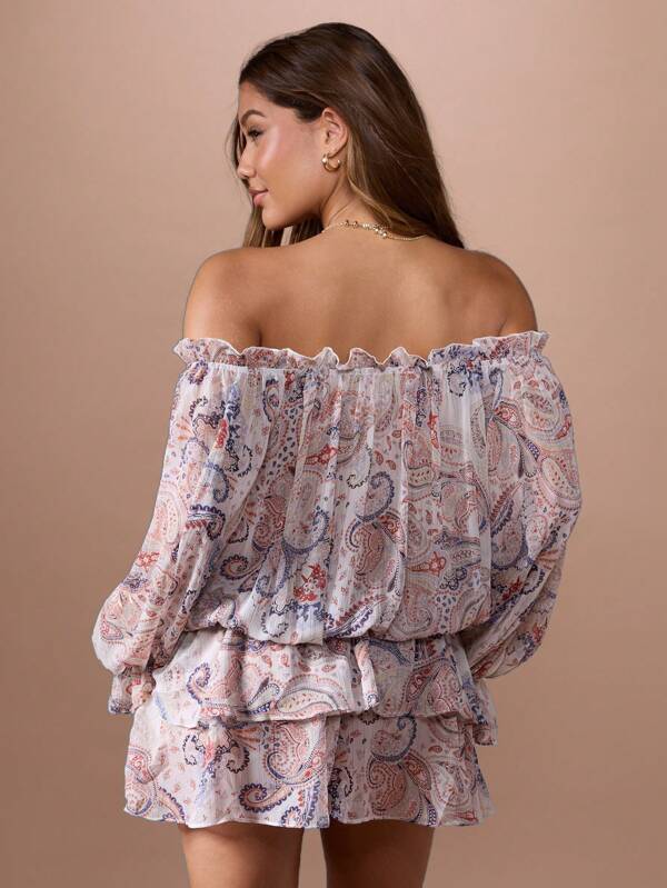 MISSGUIDED Off Shoulder Paisley Print Ruffle Tiered Mini Dress