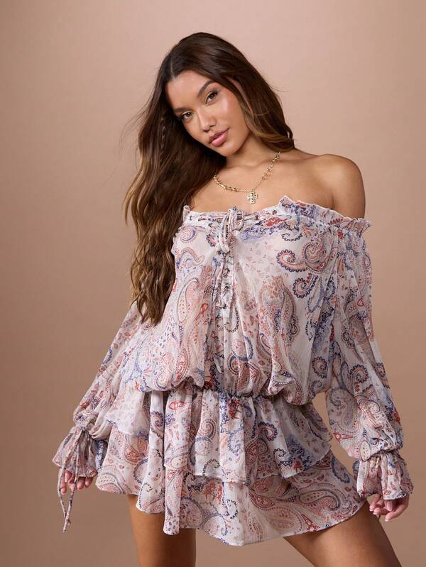 MISSGUIDED Off Shoulder Paisley Print Ruffle Tiered Mini Dress