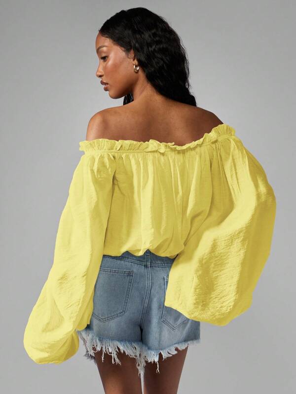MISSGUIDED Off Shoulder Peasant Top Boho Chic Puff Sleeve Gathered Crop Top