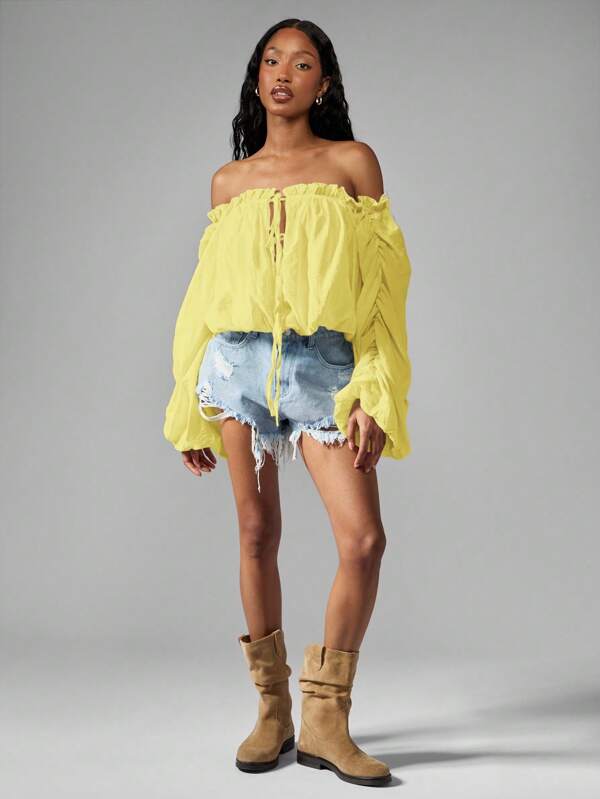 MISSGUIDED Off Shoulder Peasant Top Boho Chic Puff Sleeve Gathered Crop Top