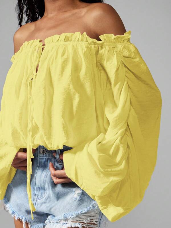 MISSGUIDED Off Shoulder Peasant Top Boho Chic Puff Sleeve Gathered Crop Top