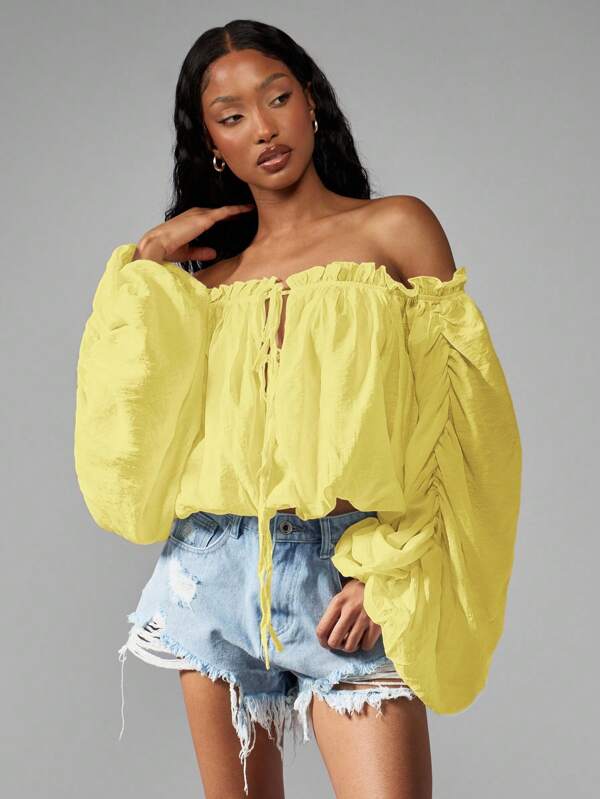 MISSGUIDED Off Shoulder Peasant Top Boho Chic Puff Sleeve Gathered Crop Top