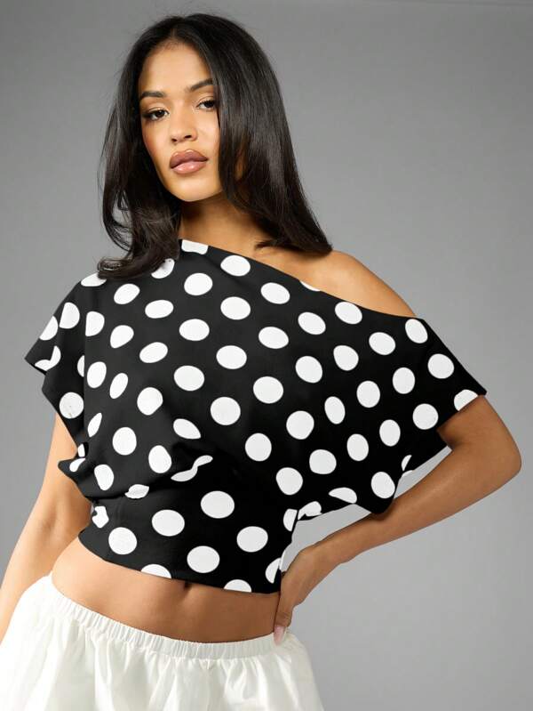 MISSGUIDED Off Shoulder Polka Dot Crop Top With Loose Dolman Sleeve