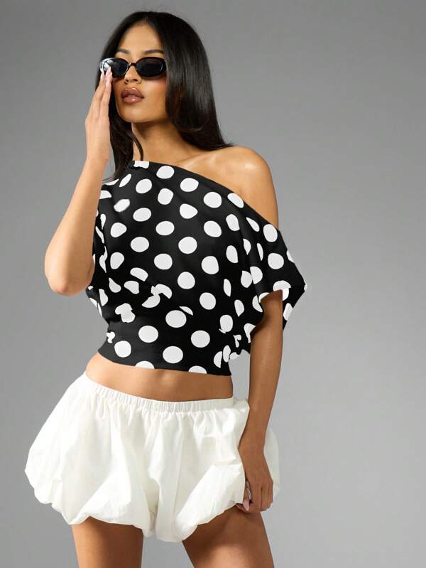 MISSGUIDED Off Shoulder Polka Dot Crop Top With Loose Dolman Sleeve