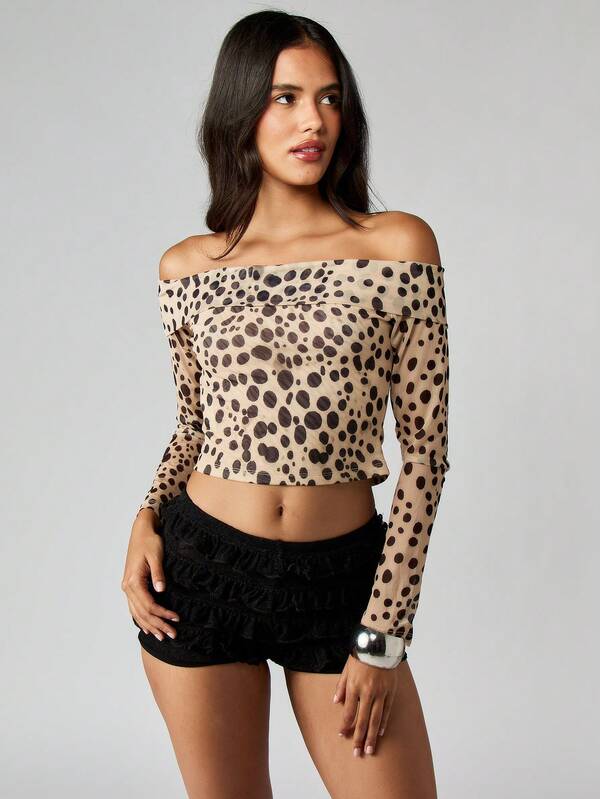 MISSGUIDED Off Shoulder Polka Dot Long Sleeve Top With Ruffle