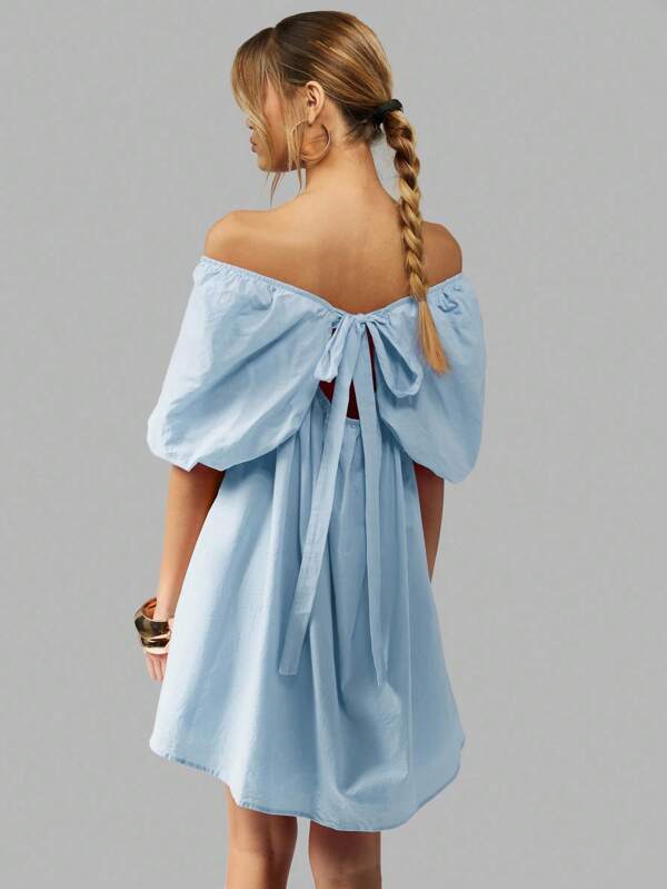 MISSGUIDED Off Shoulder Puff Sleeve Mini Dress With Back Tie