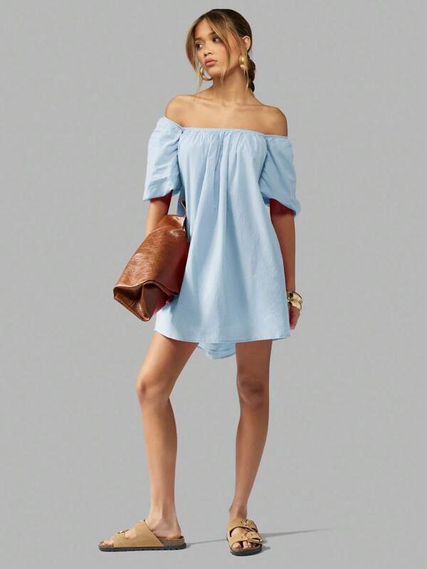 MISSGUIDED Off Shoulder Puff Sleeve Mini Dress With Back Tie