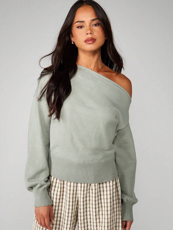 MISSGUIDED Off Shoulder Ribbed Knit Sweater