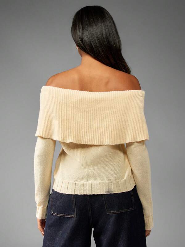 MISSGUIDED Off Shoulder Ribbed Knit Sweater With Fold Over Neckline