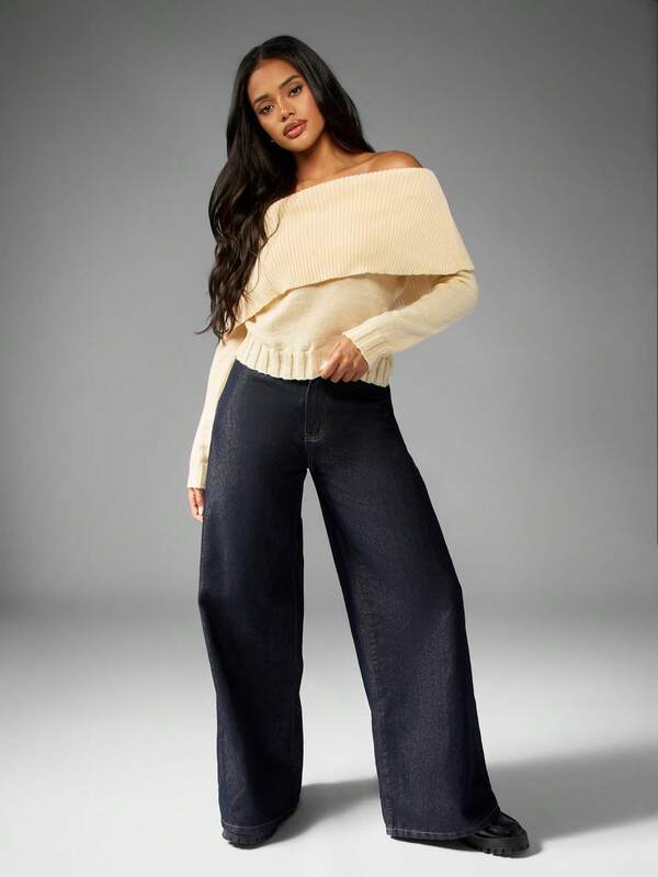 MISSGUIDED Off Shoulder Ribbed Knit Sweater With Fold Over Neckline