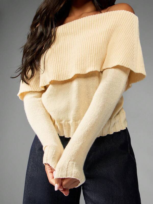 MISSGUIDED Off Shoulder Ribbed Knit Sweater With Fold Over Neckline