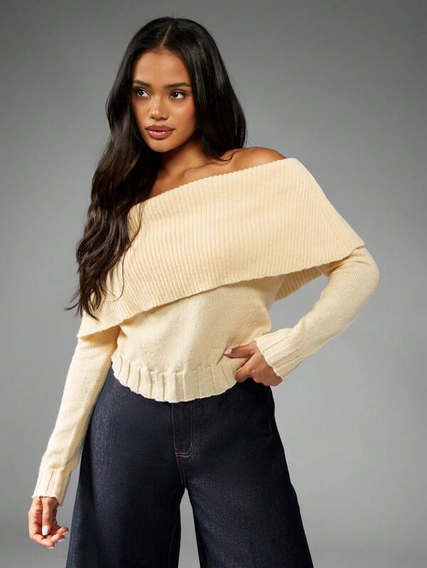 MISSGUIDED Off Shoulder Ribbed Knit Sweater With Fold Over Neckline
