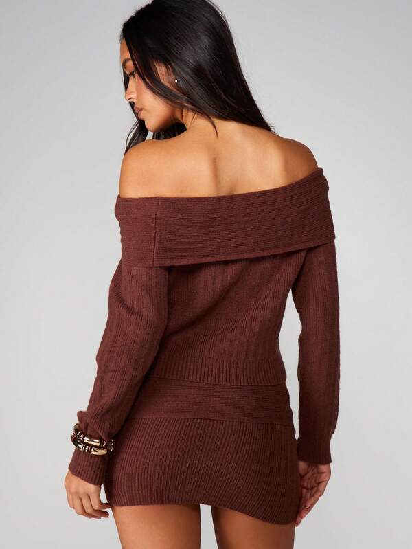 MISSGUIDED Off Shoulder Ribbed Knitted Sweater With Mini Skirt Set
