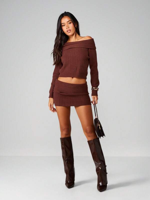 MISSGUIDED Off Shoulder Ribbed Knitted Sweater With Mini Skirt Set