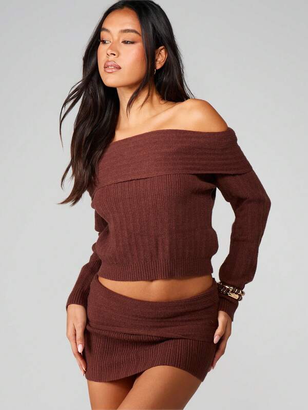MISSGUIDED Off Shoulder Ribbed Knitted Sweater With Mini Skirt Set